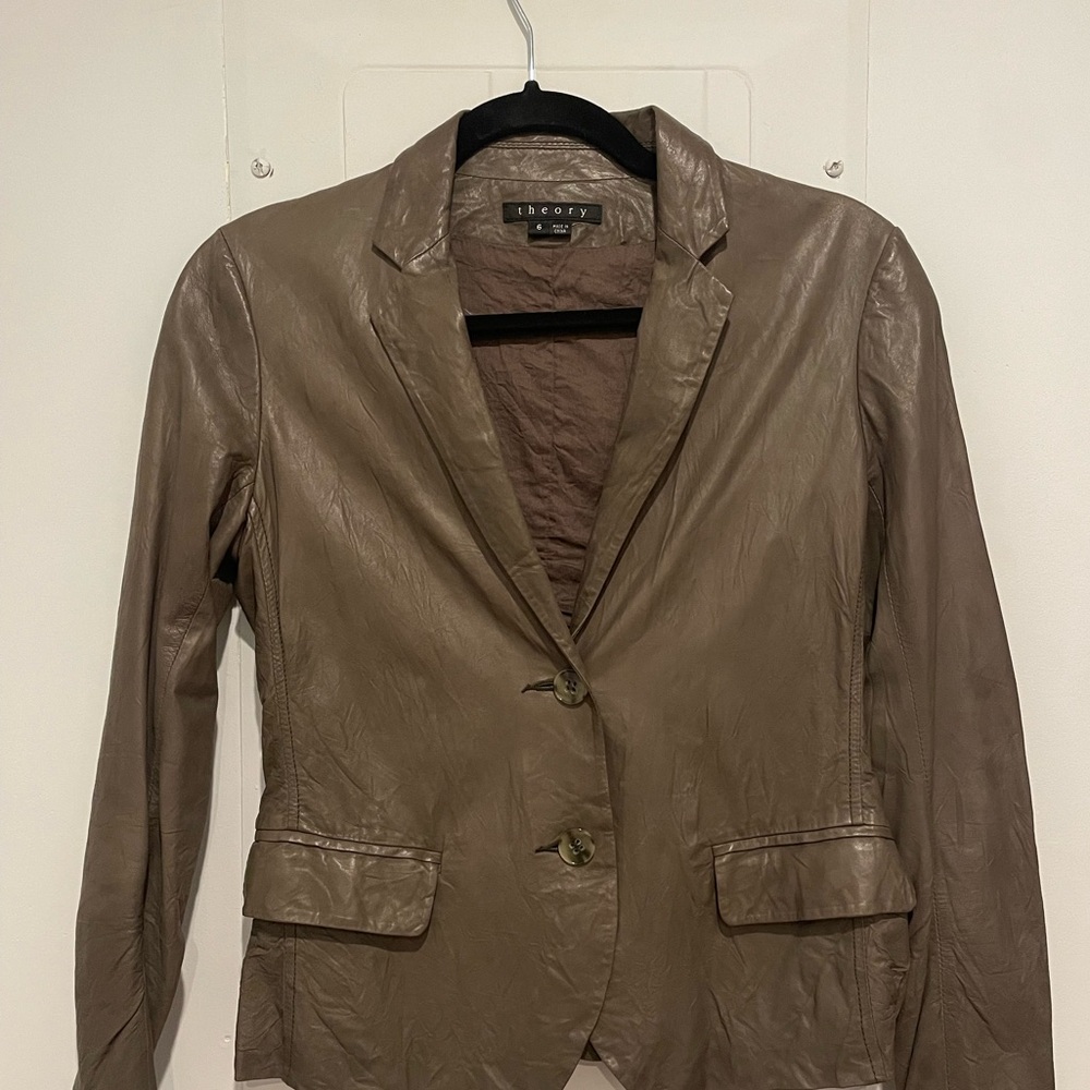 Theory Brown Leather Jacket Classic Tailored Fit